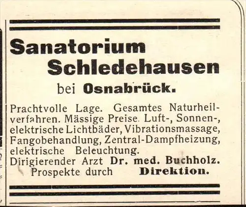 original Werbung - 1906 - Sanatorium Schledehausen / Bissendorf b. Osnabrück , Dr. med. Buchholz !!!