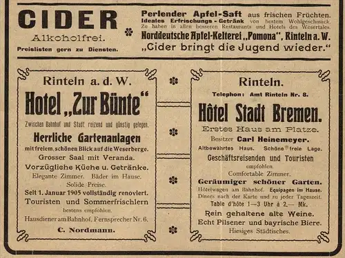 original Werbung - 1906 - Rinteln a.d. Weser , Hotel , Restaurant m Cider , C. Heinemeyer , C. Nordmann !!!