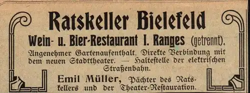original Werbung - 1906 - Ratskeller Bielefeld , Emil Müller , Pension , Hotel , Kurhaus !!!