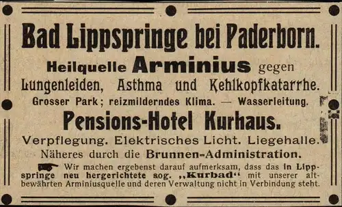original Werbung - 1906 - Bad Lippspringe b. Paderborn , Heilquelle Arminius , Pension , Hotel , Kurhaus !!!