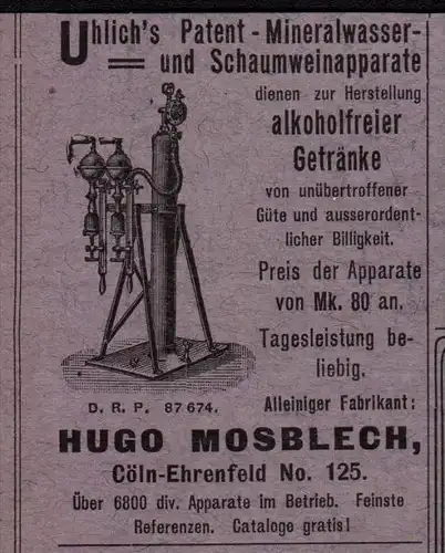 original Werbung - 1906 - Hugo Mossblech in Cöln-Ehrenfeld , Köln , Schaumweinapparat !!!
