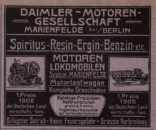 original Werbung - 1906 - Daimler-Motoren-Gesellschaft in Marienfelde b. Berlin , Lokomobile !!!