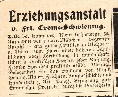 original Werbung - 1906 - Erziehungsanstalt in Celle , Frl. Crome-Schwiening !!!