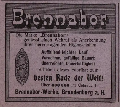 original Werbung - 1906 - Brennabor - Werke in Brandenburg a.H. , Fahrrad , Fahrräder !!!