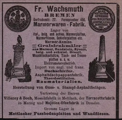 original Werbung - 1906 - Marmorwaren-Fabrik , Villeroy & Boch - Vertretung , Mettlach , Fr. Wachsmuth in Bremen !!!
