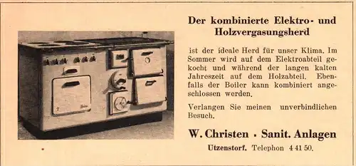 original Werbung - 1947 - W. Christen in Utzenstorf , Holzvergasungsherd !!!