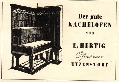original Werbung - 1947 - E. Hertig in Utzenstorf , Ofenbauer , Kachelöfen !!!