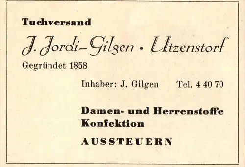 original Werbung - 1947 - J. Jordi-Gilgen in Utzenstorf , Damen- und Herrenkonfektion !!!