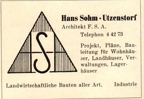 original Werbung - 1947 - Hans Sohn in Utzenstorf , Architekt , Architektur !!!