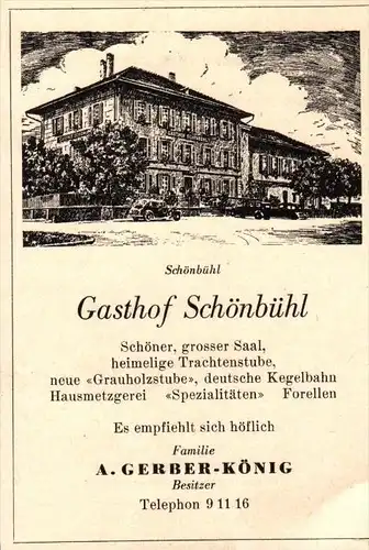 original Werbung - 1947 - Gasthof Schönbühl , A. Gerber-König in Schönbühl - Bern , Hotel , Restaurant !!!