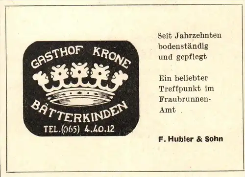 original Werbung - 1947 - Gasthof Krone in Bätterkinden , F. Hubler & Sohn , Hotel !!!