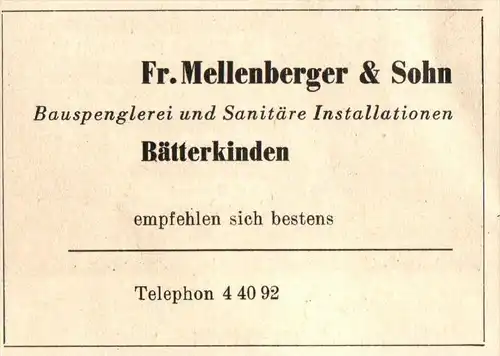 original Werbung - 1947 - Fr. Mellenberger & Sohn in Bätterkinden , Spenglerei !!!