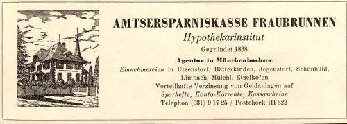 original Werbung - 1947 - Amtsersparniskasse in Fraubrunnen , Sparkasse , Bank !!!