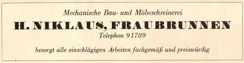 original Werbung - 1947 - H. Niklas in Fraubrunnen , Schreinerei , Tischlerei !!!