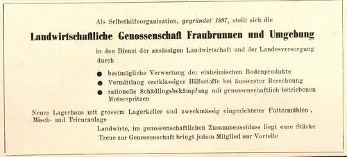 original Werbung - 1947 - Landwirtschaftliche Genossenschaft in Fraubrunnen , Landwirtschaft , Agrar !!!