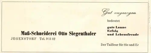 original Werbung - 1947 - Maßschneiderei in Jegenstorf , Otto Siegenthaler , Schneider !!!