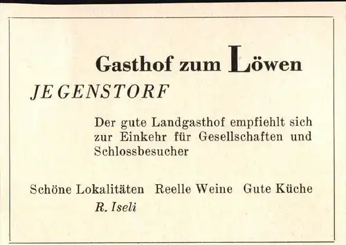original Werbung - 1947 - Gasthof zum Löwen in Jegenstorf , Hotel , Restaurant , Schloss !!!
