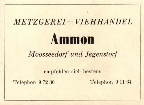 original Werbung - 1947 - Metzgerei Ammon in Mosseedorf und Jegenstorf , Viehhandel !!!