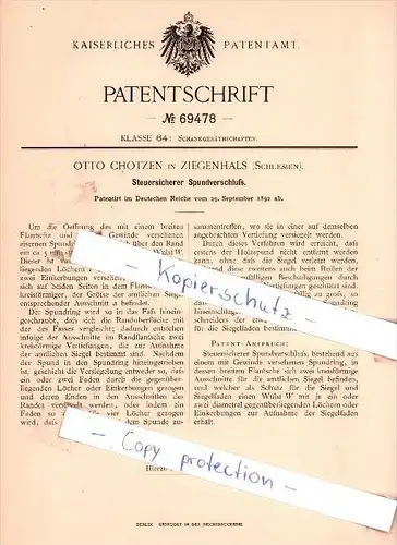 Original Patent - Otto Chotzen in Ziegenhals / Glucholazy , Schlesien , 1892 , Steuersicherer Spundverschluß !!!