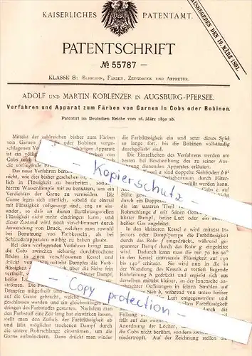 Original Patent - A. und M. Koblenzer in Augsburg-Pfersee , 1890 ,  Färben von Garnen in Cobs !!!