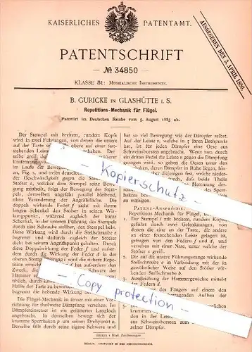 Original Patent - B. Guricke in Glashütte i. S. , 1885 , Repetions-Mechanik für Flügel !!!
