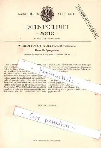 Original Patent - W. Hausse in Altwasser / Stary Zdrój  , Schlesien , 1886 , Zünder für Sprengarbeiten !!!