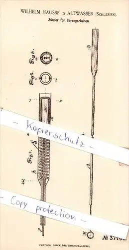 Original Patent - W. Hausse in Altwasser / Stary Zdrój  , Schlesien , 1886 , Zünder für Sprengarbeiten !!!