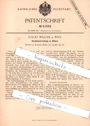 Original Patent - Rudolf Wilczek in Wien , 1891 , Umstimmvorrichtung an Zithern !!!