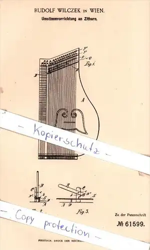 Original Patent - Rudolf Wilczek in Wien , 1891 , Umstimmvorrichtung an Zithern !!!