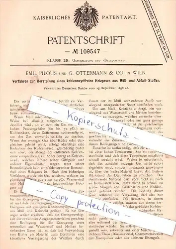 Original Patent - Emil Pilous und G. Ottermann & Co. in Wien , 1898 , Heizgasherstellung !!!