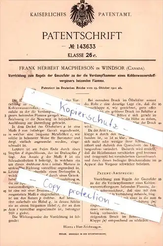 Original Patent - F. H. Macpherson in Windsor , Canada , 1901 , Regeln der Gaszufuhr !!!