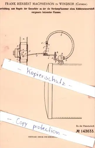 Original Patent - F. H. Macpherson in Windsor , Canada , 1901 , Regeln der Gaszufuhr !!!