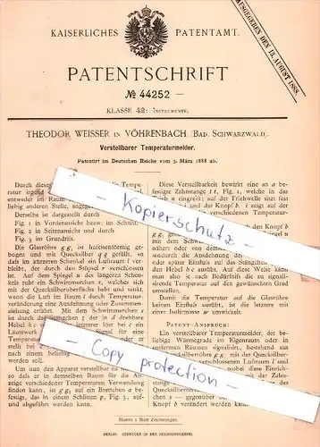 Original Patent - T. Weisser in Vöhrenbach , Bad. Schwarzwald , 1888 , Temperaturmelder !!!