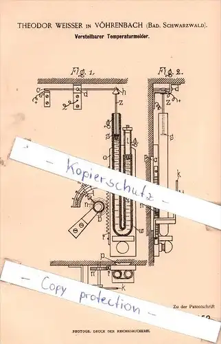 Original Patent - T. Weisser in Vöhrenbach , Bad. Schwarzwald , 1888 , Temperaturmelder !!!