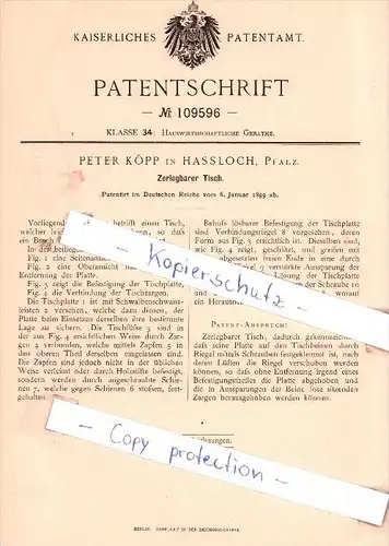 Original Patent - Peter Köpp in Hassloch , Pfalz , 1899 , Zerlegbarer Tisch !!!