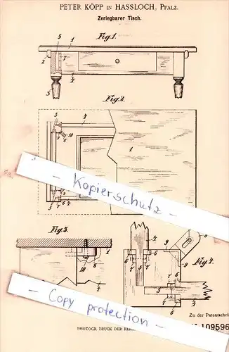 Original Patent - Peter Köpp in Hassloch , Pfalz , 1899 , Zerlegbarer Tisch !!!