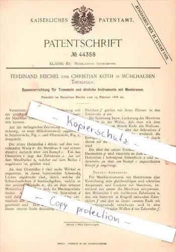 Original Patent - F. Reichel und C. Koth in Mühlhausen , Thüringen , 1888 , !!!
