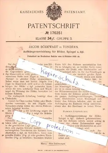 Original Patent - Jacob Bödewadt in Tondern , 1905 , Aufhängevorrichtug für Bilder , Tønder , Tonder !!!