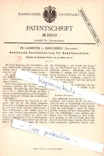 Original Patent - Fr. Gamerith in Hirschberg , Schlesien , 1885 , Ventilsteuerung für Dampfmaschinen !!!