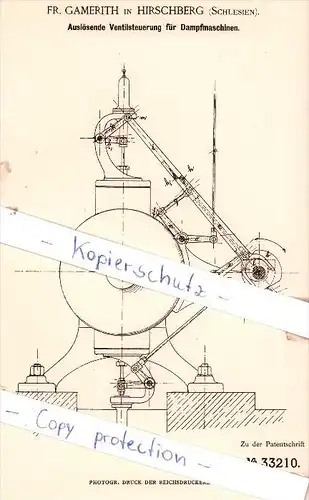 Original Patent - Fr. Gamerith in Hirschberg , Schlesien , 1885 , Ventilsteuerung für Dampfmaschinen !!!
