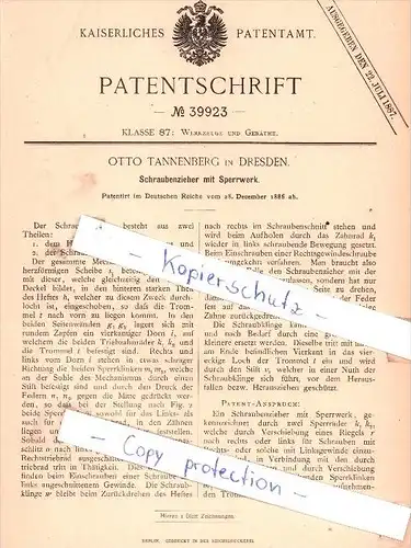Original Patent - Otto Tannenberg in Dresden , 1886 , Schraubenzieher mit Sperrwerk !!!