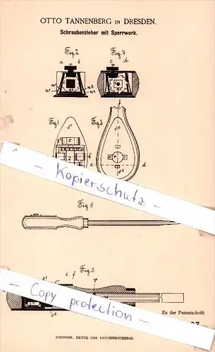 Original Patent - Otto Tannenberg in Dresden , 1886 , Schraubenzieher mit Sperrwerk !!!