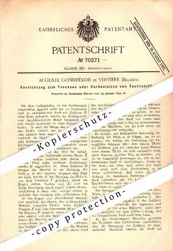 Original Patent - Auguste Gondrexon in Verviers , Belgien , 1893 , Apparat zum Trocknen von Textilien !!!