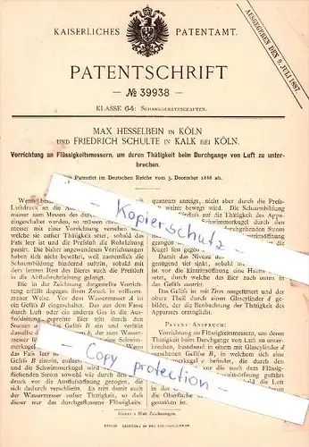 Original Patent -  Max Hesselbein in Köln und Friedrich Schulte in Kalk bei Köln , 1886 ,  !!!