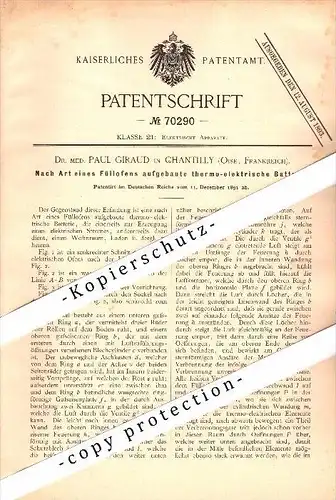 Original Patent - Dr. med. Paul Giraud à Chantilly , Oise , 1891 , pile thermoélectrique !!!
