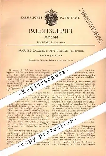 Original Patent - Auguste Cabanel in Montpellier , 1886 , échelle de sauvetage , service des incendies !!!