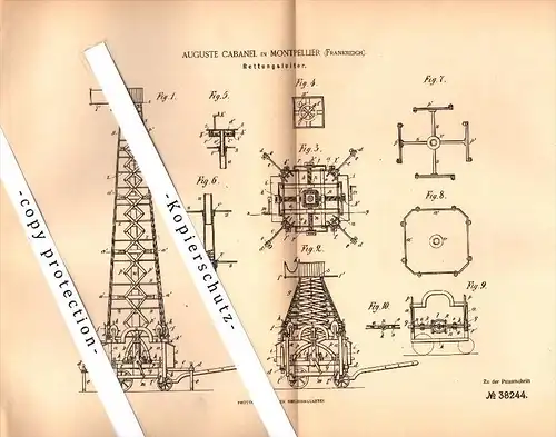 Original Patent - Auguste Cabanel in Montpellier , 1886 , échelle de sauvetage , service des incendies !!!