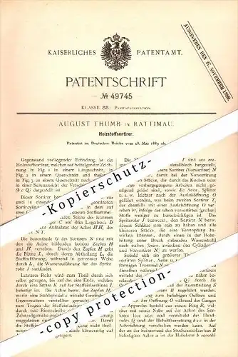 Original Patent - August Thumb in Rattimau / Vratimov , 1889 , Holzstoff-Sortierer , Papierfabrik , Papier !!!