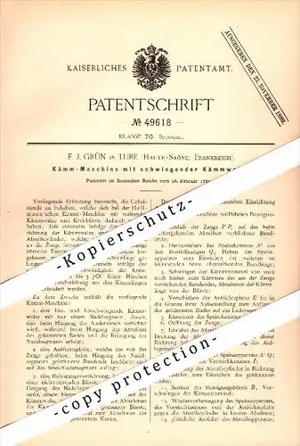 Original Patent - F.J. Grün à Lure , Haute-Saone , 1889 , Machine pour la filature !!!