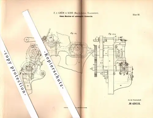 Original Patent - F.J. Grün à Lure , Haute-Saone , 1889 , Machine pour la filature !!!